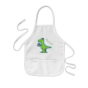 Cute funny green t rex dinosaur cartoon kids apron