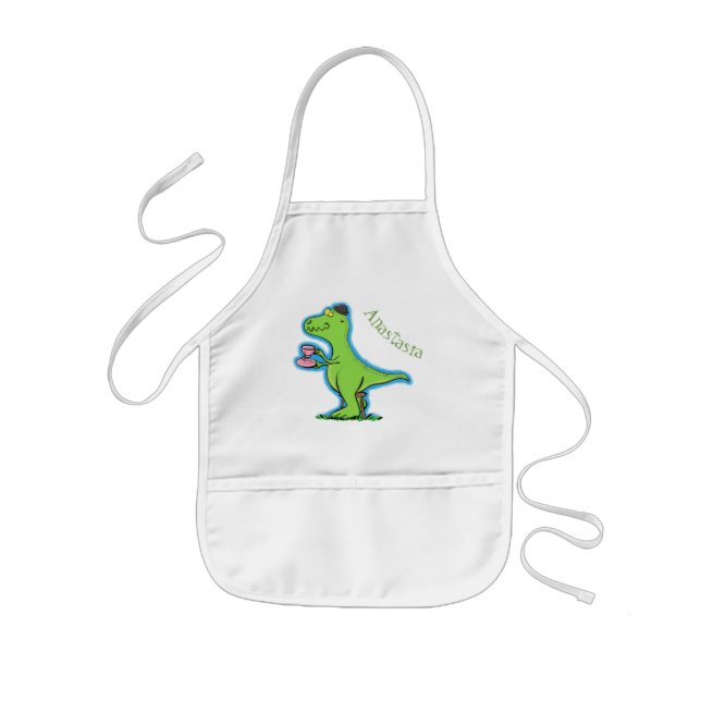 Cute funny green t rex dinosaur cartoon kids apron (Front)