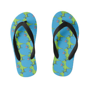 Cute funny green t rex dinosaur cartoon kid's flip flops