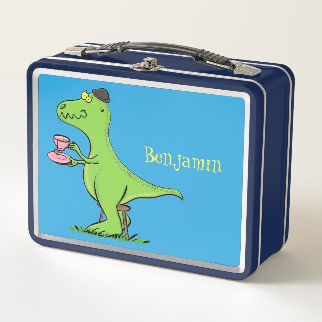 Cute funny green t rex dinosaur cartoon metal lunch box (Front)
