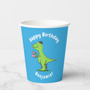 Cute funny green t rex dinosaur cartoon paper cups