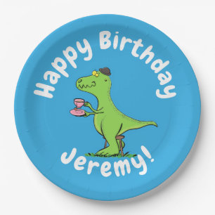 Cute funny green t rex dinosaur cartoon paper plate