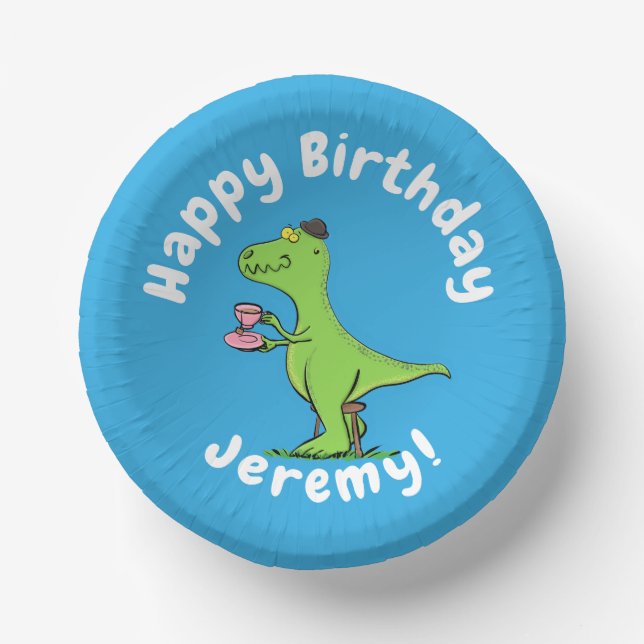 Cute funny green t rex dinosaur cartoon paper plate (Front)