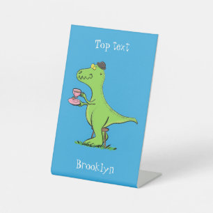 Cute funny green t rex dinosaur cartoon pedestal sign