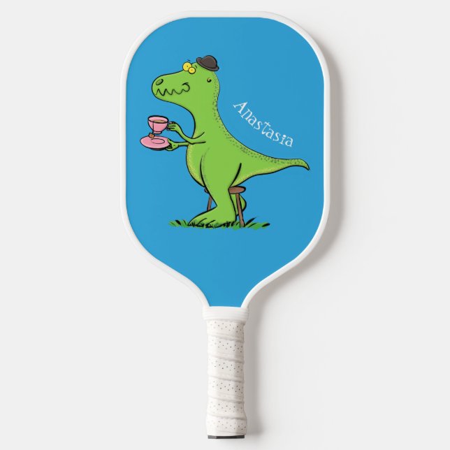 Cute funny green t rex dinosaur cartoon pickleball paddle (Front)