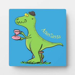 Cute funny green t rex dinosaur cartoon plaque