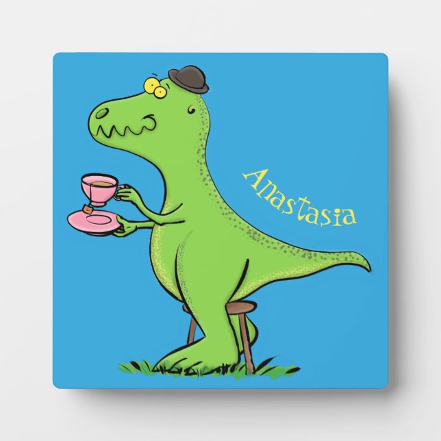 Cute funny green t rex dinosaur cartoon plaque (Front)