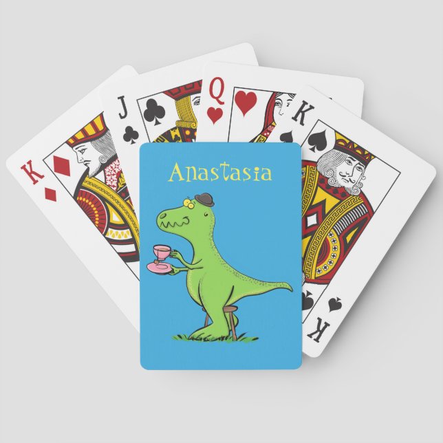 Cute funny green t rex dinosaur cartoon playing cards (Back)