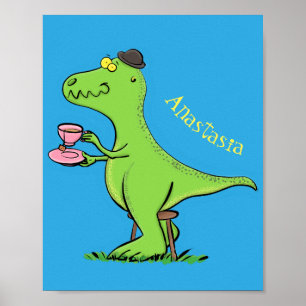 Cute funny green t rex dinosaur cartoon poster