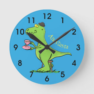 Cute funny green t rex dinosaur cartoon round clock