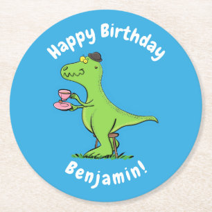 Cute funny green t rex dinosaur cartoon round paper coaster
