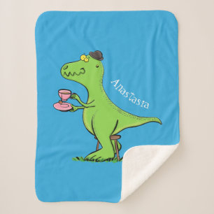 Cute funny green t rex dinosaur cartoon sherpa blanket