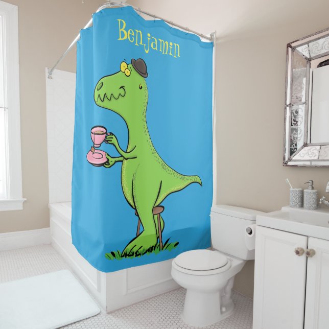 Cute funny green t rex dinosaur cartoon shower curtain (In Situ)