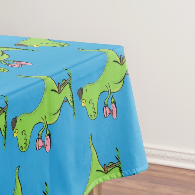 Cute funny green t rex dinosaur cartoon tablecloth (In Situ)