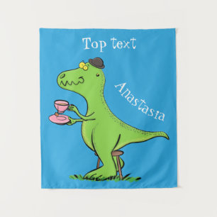 Cute funny green t rex dinosaur cartoon tapestry