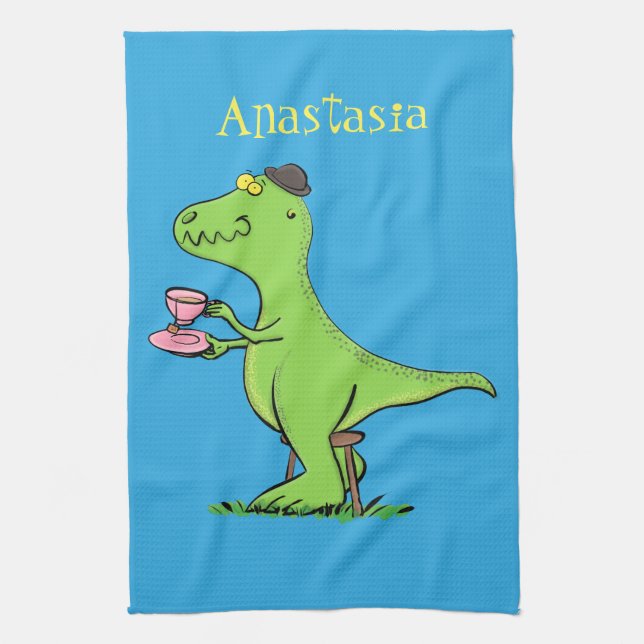 Cute funny green t rex dinosaur cartoon tea towel (Vertical)