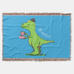 Cute funny green t rex dinosaur cartoon throw blanket