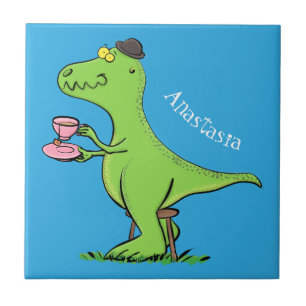 Cute funny green t rex dinosaur cartoon tile