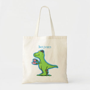 Cute funny green t rex dinosaur cartoon tote bag
