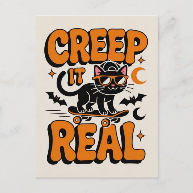Cute Funny Halloween Black Cat Creep It Real Postcard (Front)