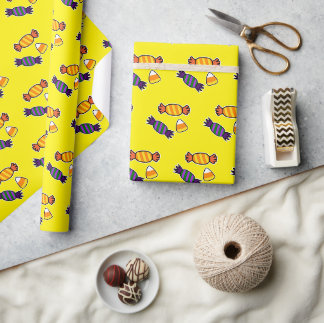 Cute Funny Halloween Candy Pattern on Yellow Wrapping Paper