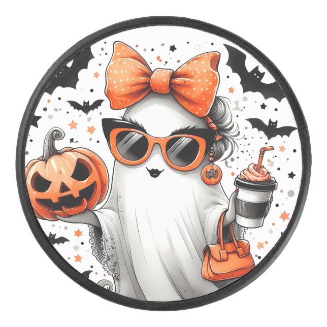 Cute Funny Halloween Ghost Hockey Puck (Front)