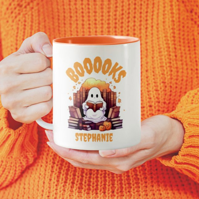 Cute Funny  Halloween Ghost reading Books Custom Two-Tone Coffee Mug (Creator Uploaded)