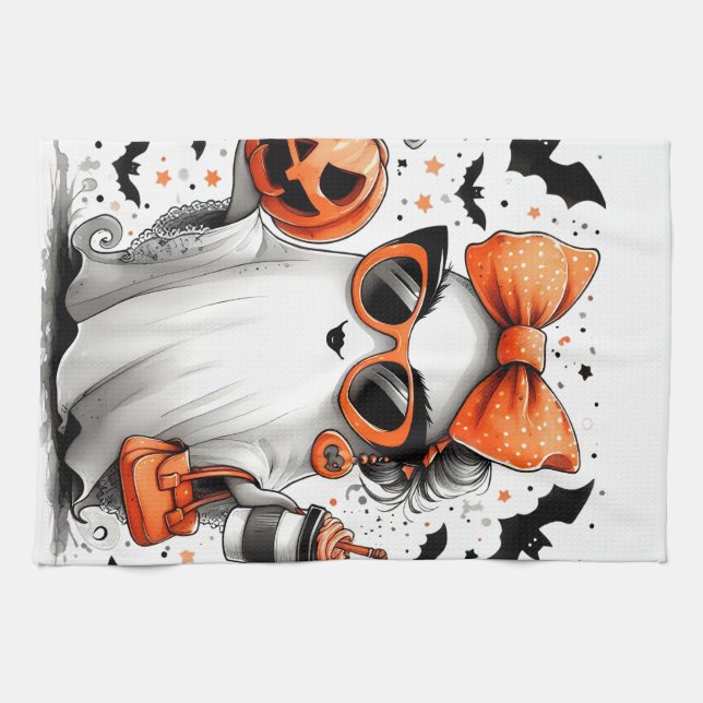 Cute Funny Halloween Ghost Tea Towel (Horizontal)