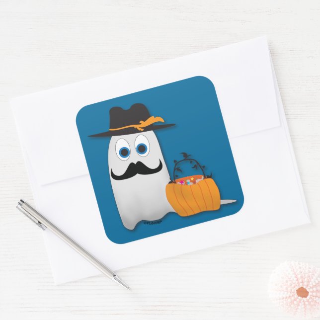Cute funny Halloween ghost with Cool moustache Square Sticker (Envelope)