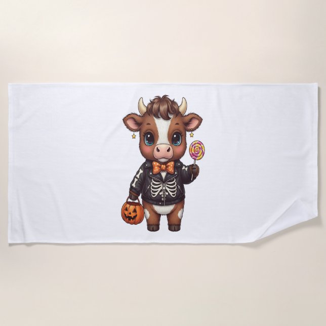 Cute Funny Halloween Highland Cow Beach Towel (Front)