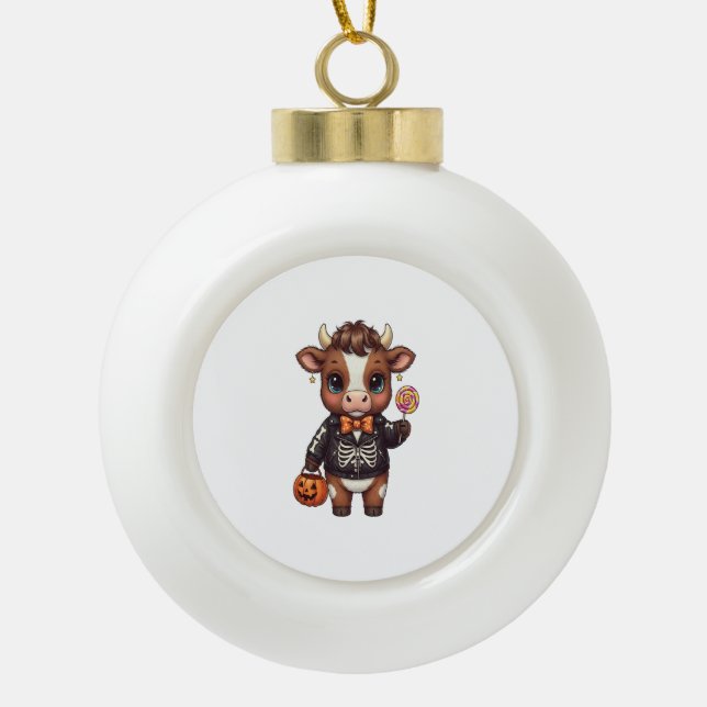 Cute Funny Halloween Highland Cow Ceramic Ball Christmas Ornament (Front)