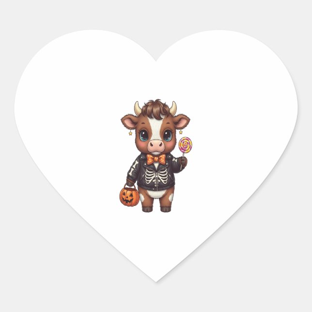 Cute Funny Halloween Highland Cow Heart Sticker (Front)
