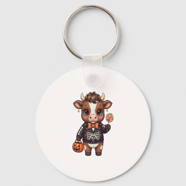Cute Funny Halloween Highland Cow Key Ring (Front)