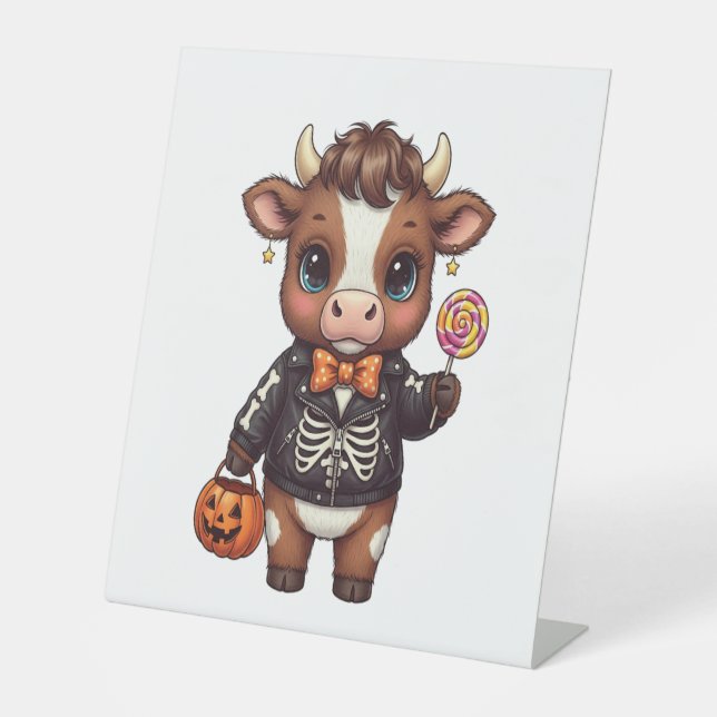 Cute Funny Halloween Highland Cow Pedestal Sign (Front)