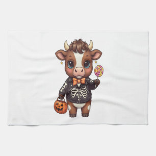 Cute Funny Halloween Highland Cow Tea Towel