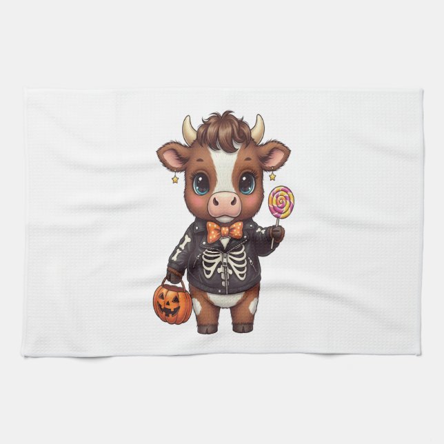 Cute Funny Halloween Highland Cow Tea Towel (Horizontal)