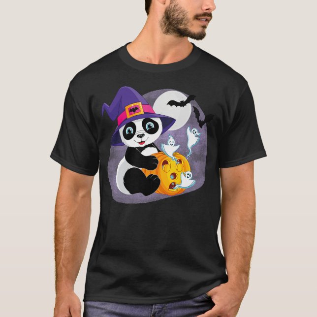 Cute, Funny Halloween Panda Witch with a Pumpkin T-Shirt (Front)