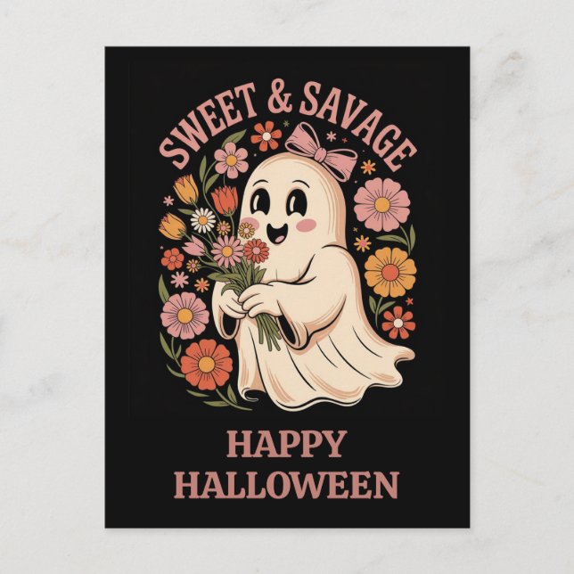 Cute Funny Halloween Sweet Savage Floral Ghost Postcard (Front)