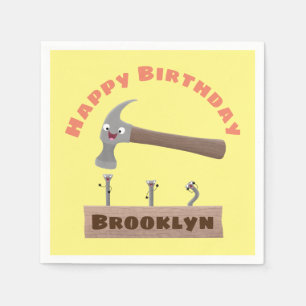 Cute, funny hammer and nails cartoon birthday napkin