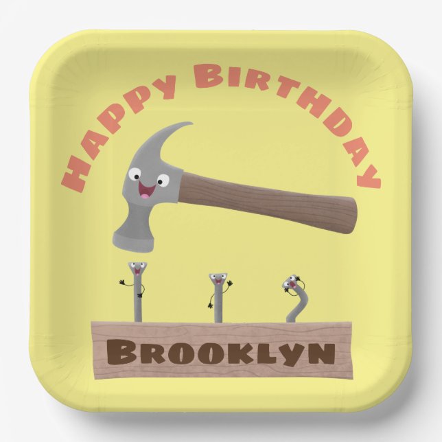 Cute, funny hammer and nails cartoon birthday paper plate (Front)