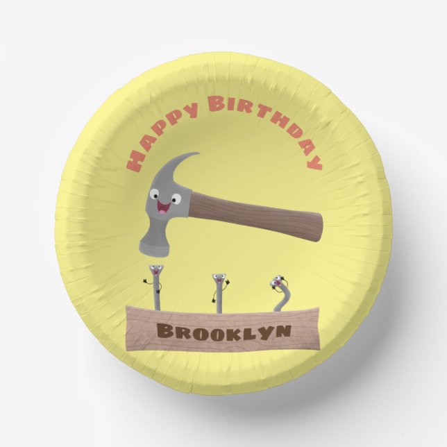 Cute, funny hammer and nails cartoon birthday paper plate (Front)