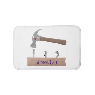 Cute, funny hammer and nails cartoon illustration bath mat