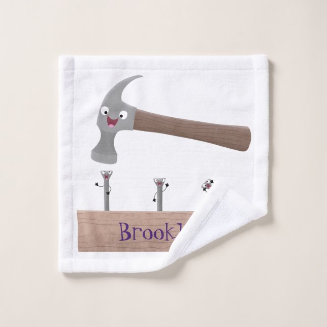 Cute, funny hammer and nails cartoon illustration bath towel set (Wash Cloth)