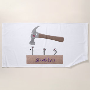 Cute, funny hammer and nails cartoon illustration  beach towel