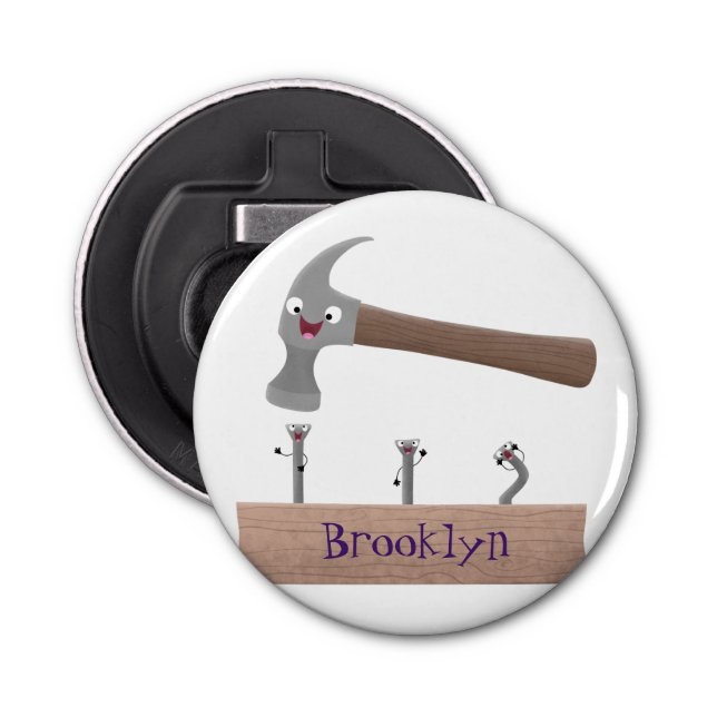 Cute, funny hammer and nails cartoon illustration bottle opener (Front)