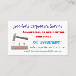 Cute, funny hammer and nails cartoon illustration business card