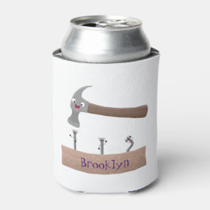 Cute, funny hammer and nails cartoon illustration  can cooler