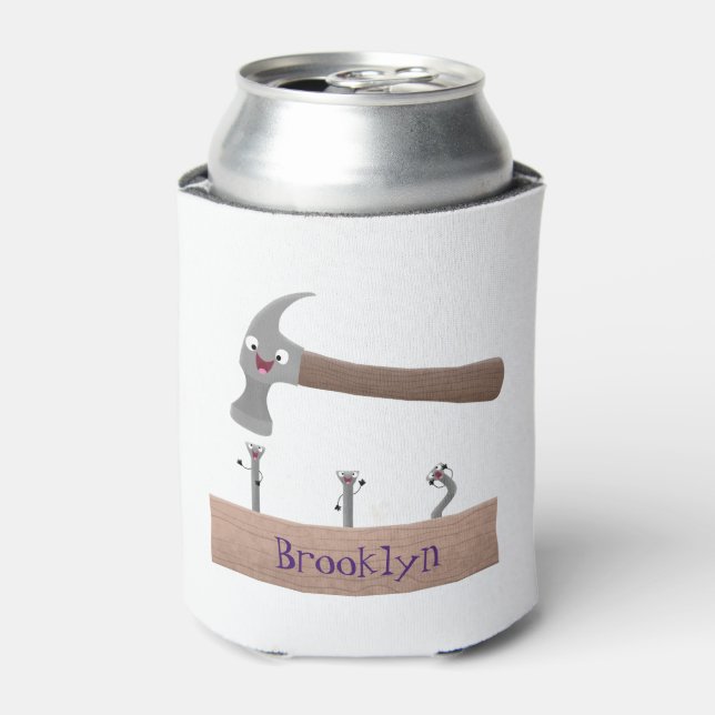 Cute, funny hammer and nails cartoon illustration  can cooler (Can Front)