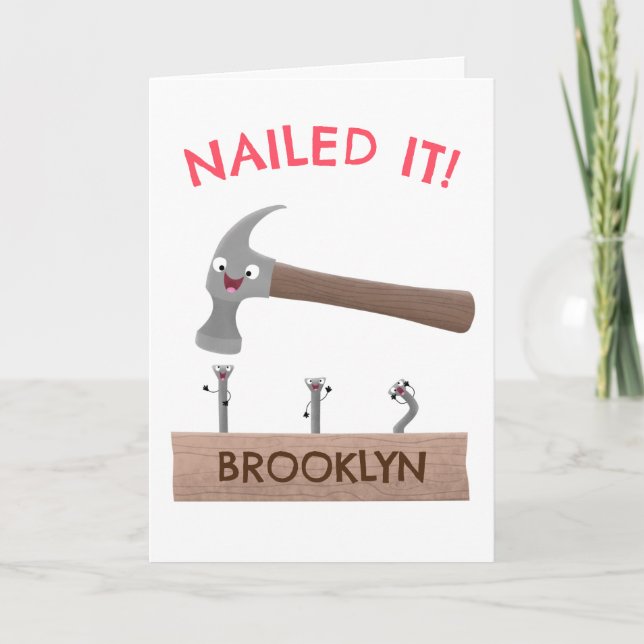 Cute, funny hammer and nails cartoon illustration card (Front)