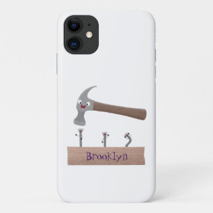 Cute, funny hammer and nails cartoon illustration  iPhone 11 case